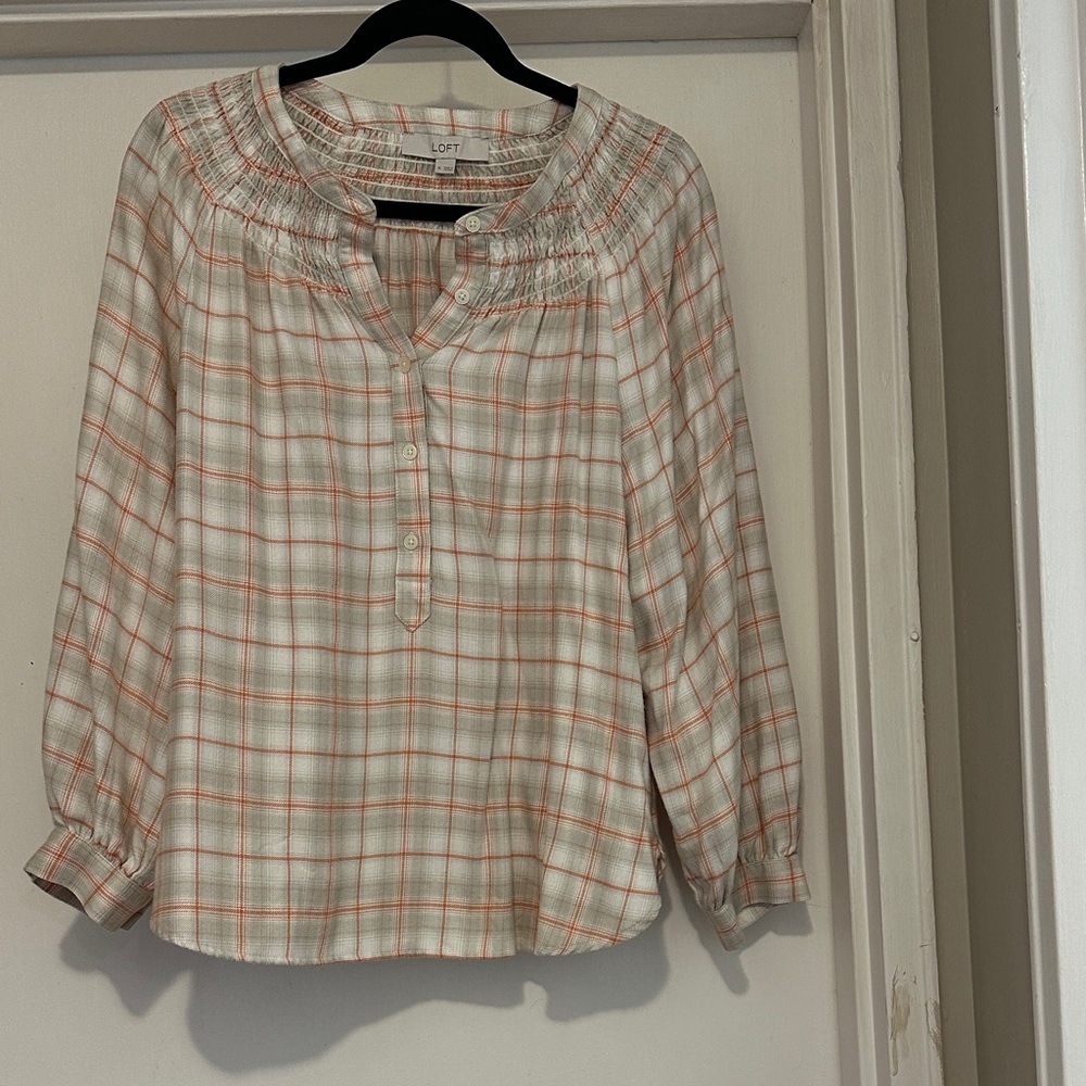 LOFT Women's Plaid Blouse - Cream and Orange